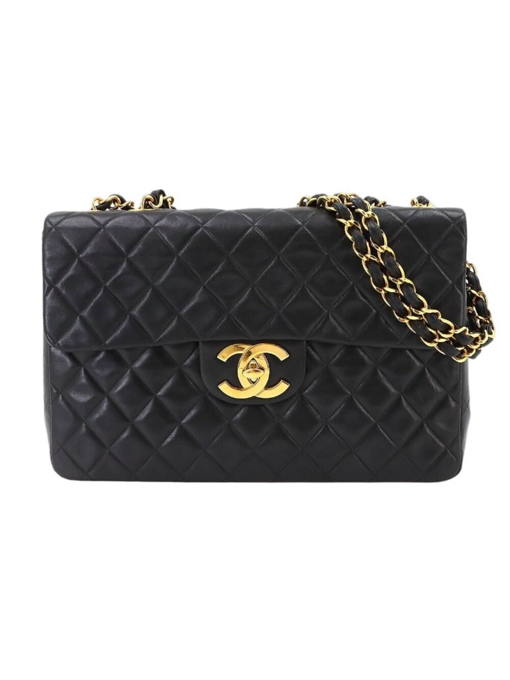 Chanel Big Quilted 34 Chain Shoulder Bag Lambskin Black Vintage